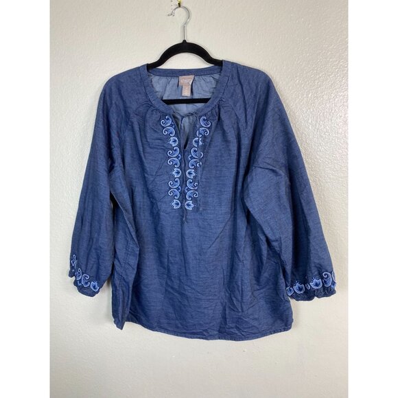 Chicos‎ 2 Blue Embroidered Long Sleeve Tunic Boho Top Size Large Peasant Prairie - Picture 13 of 15